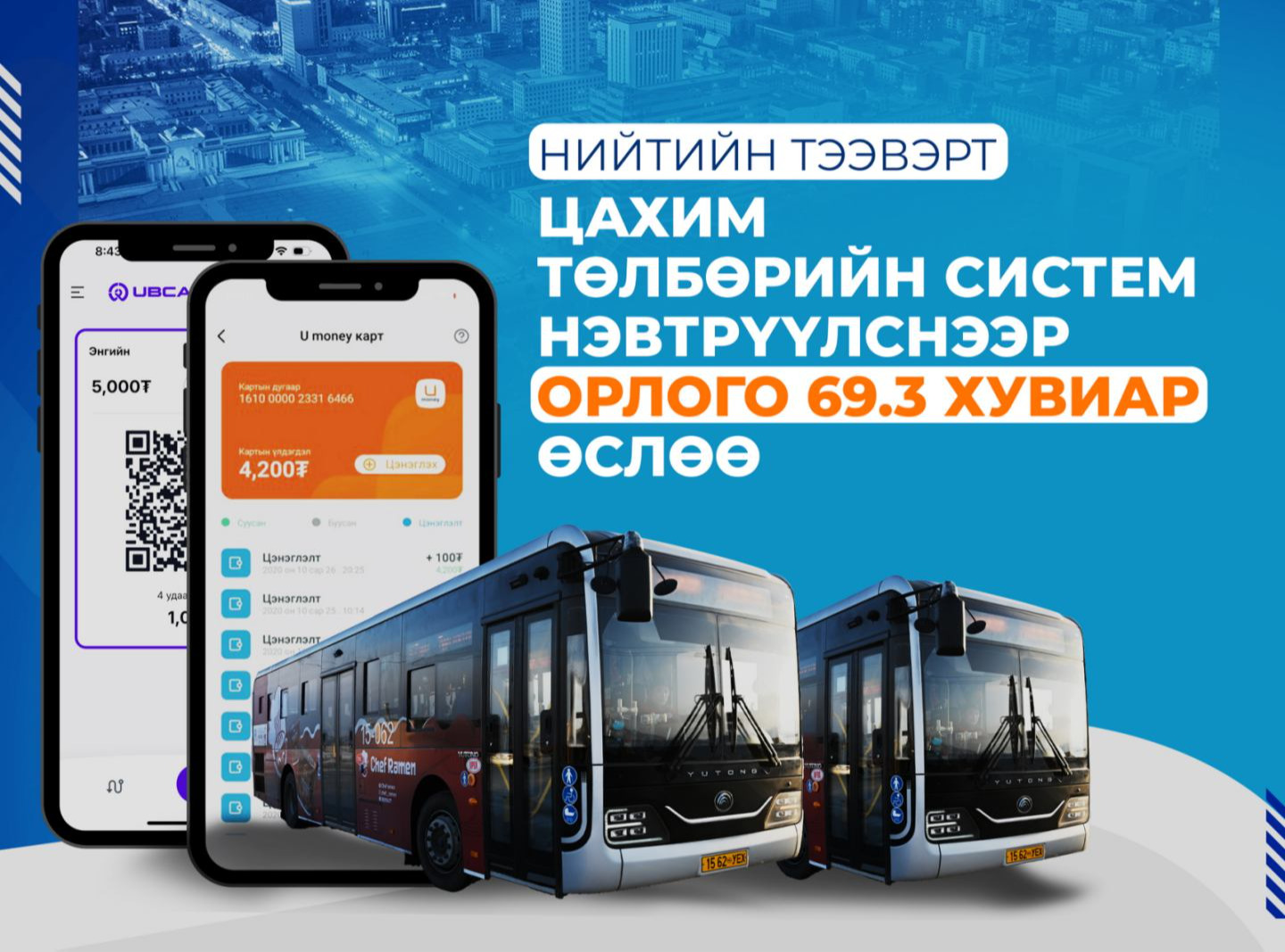 Нийтийн тээвэрт цахим төлбөрийн систем нэвтрүүлснээр орлого 69.3 хувиар өслөө